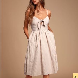 JOYFUL DAYS TAN STRIPED KNOTTED FRONT MIDI DRESS